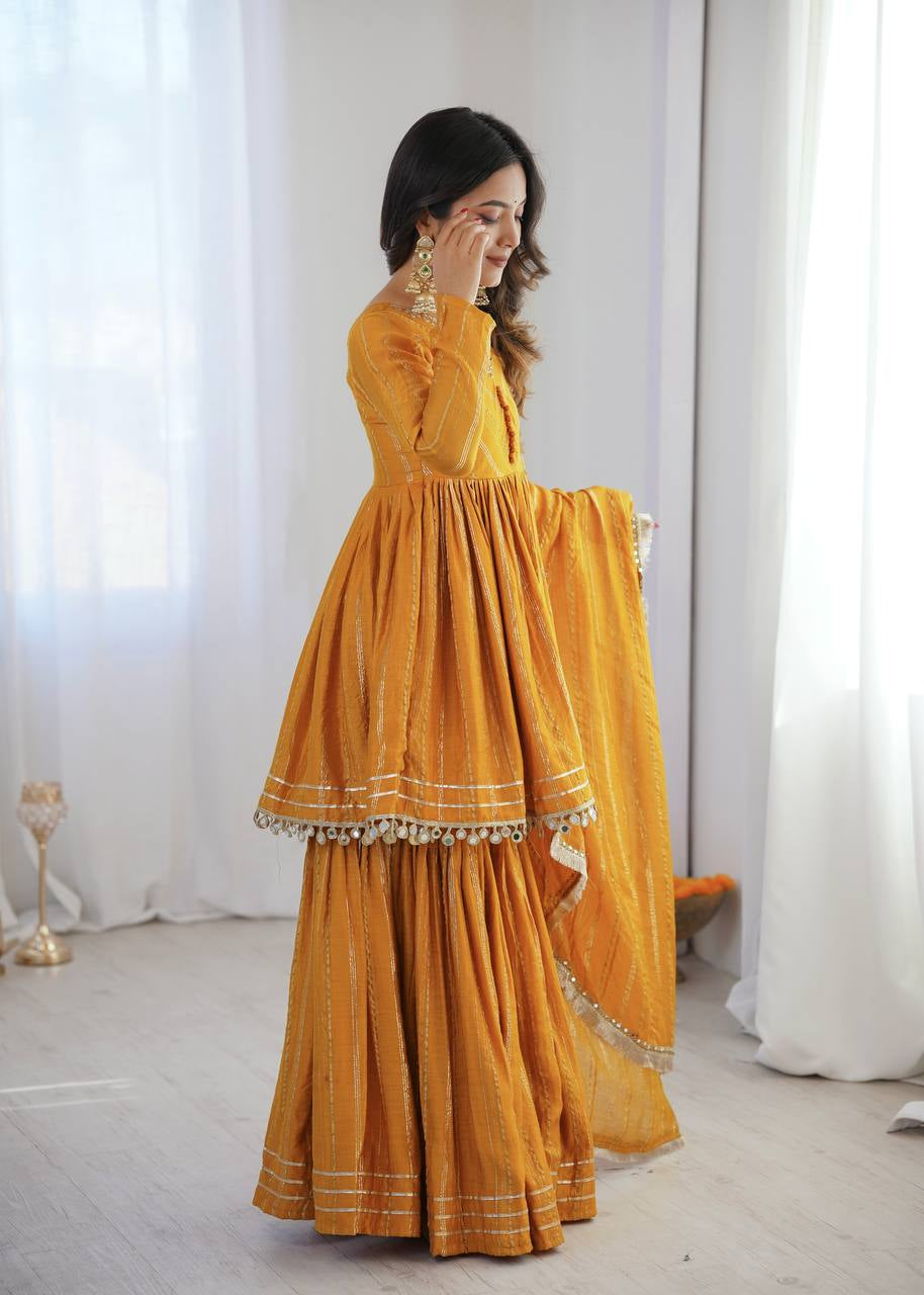 Womenline Mustard Gold Peplum Sharara Suit Set with Lurex Dupatta