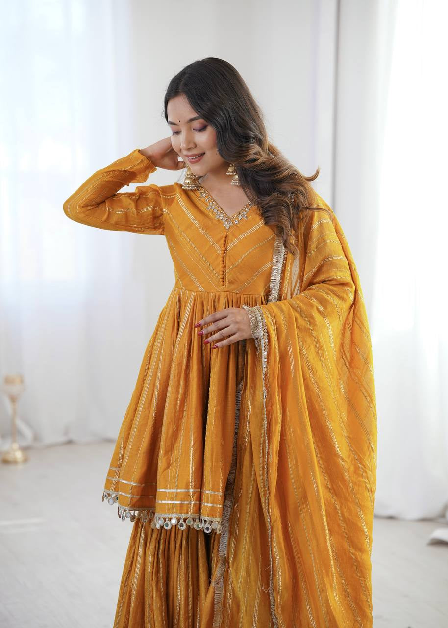Womenline Mustard Gold Peplum Sharara Suit Set with Lurex Dupatta