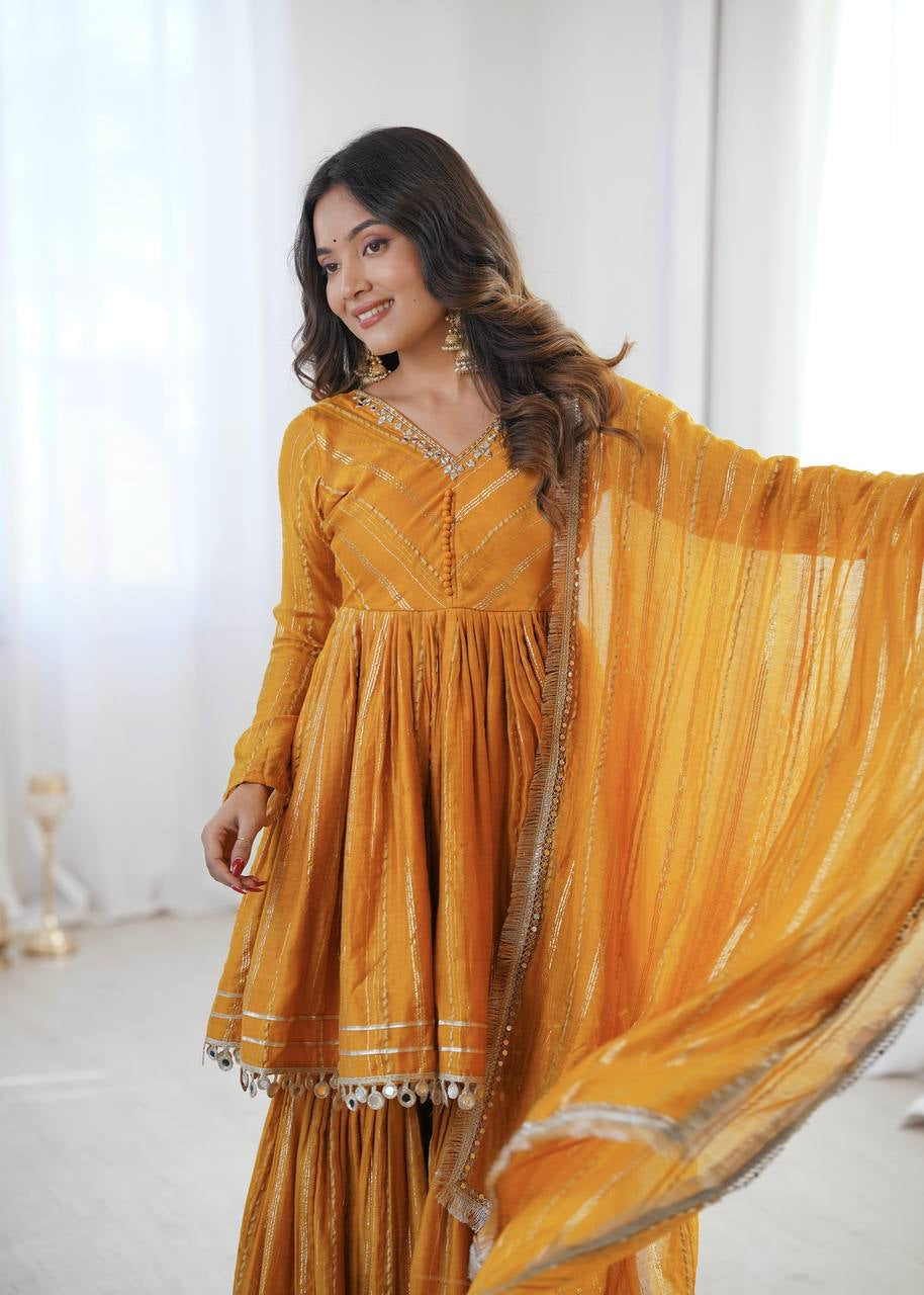 Womenline Mustard Gold Peplum Sharara Suit Set with Lurex Dupatta