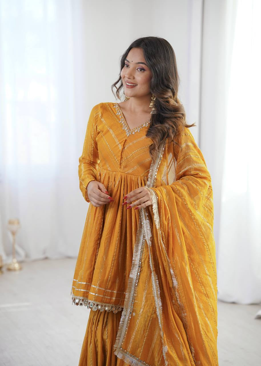 Womenline Mustard Gold Peplum Sharara Suit Set with Lurex Dupatta