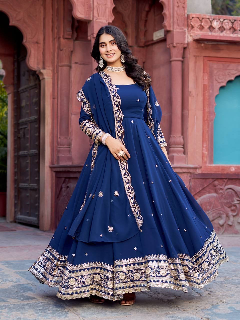 Womenline Elegant Navy Blue Anarkali Gown Set with Heavy Golden Embroidery & Dupatta