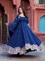 Womenline Elegant Navy Blue Anarkali Gown Set with Heavy Golden Embroidery & Dupatta