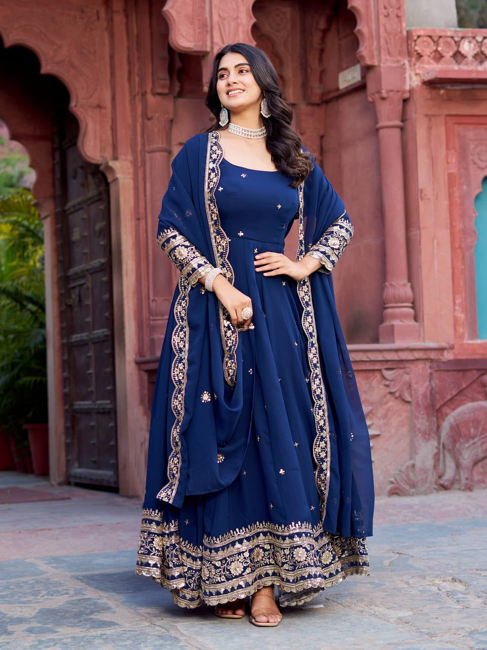 Womenline Elegant Navy Blue Anarkali Gown Set with Heavy Golden Embroidery & Dupatta