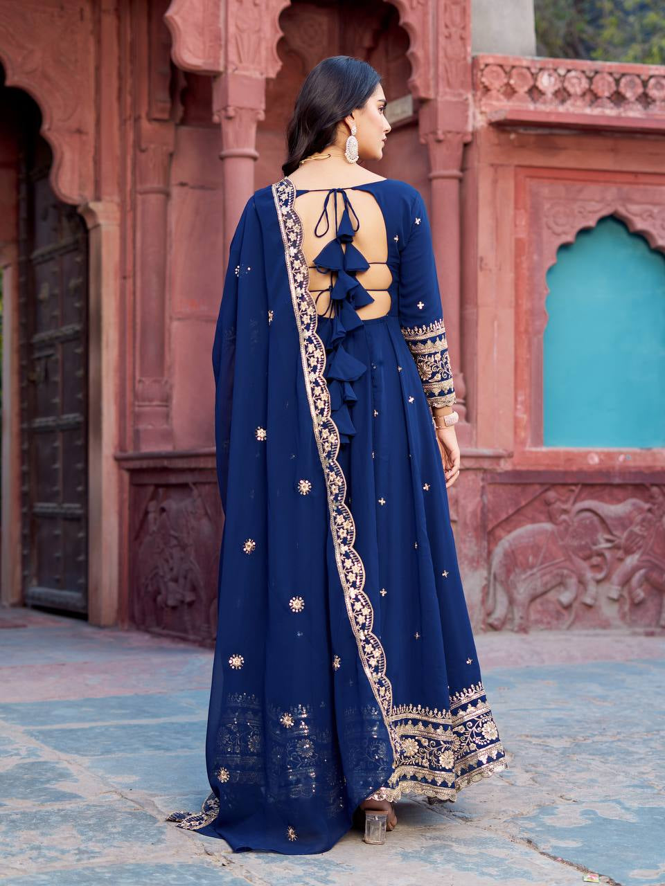 Womenline Elegant Navy Blue Anarkali Gown Set with Heavy Golden Embroidery & Dupatta
