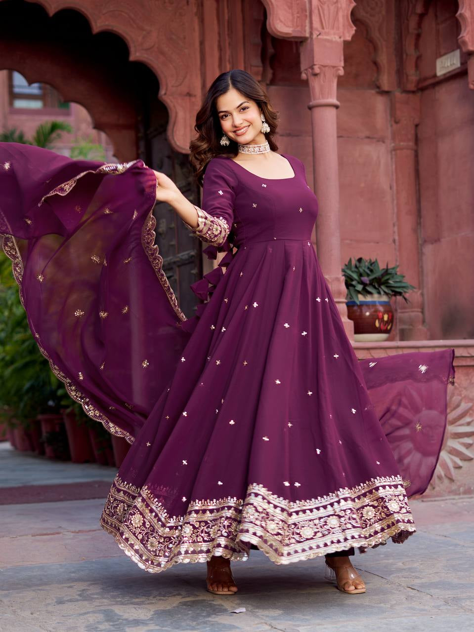 Womenline Elegant Wine Purple Anarkali Gown Set with Heavy Golden Embroidery & Dupatta