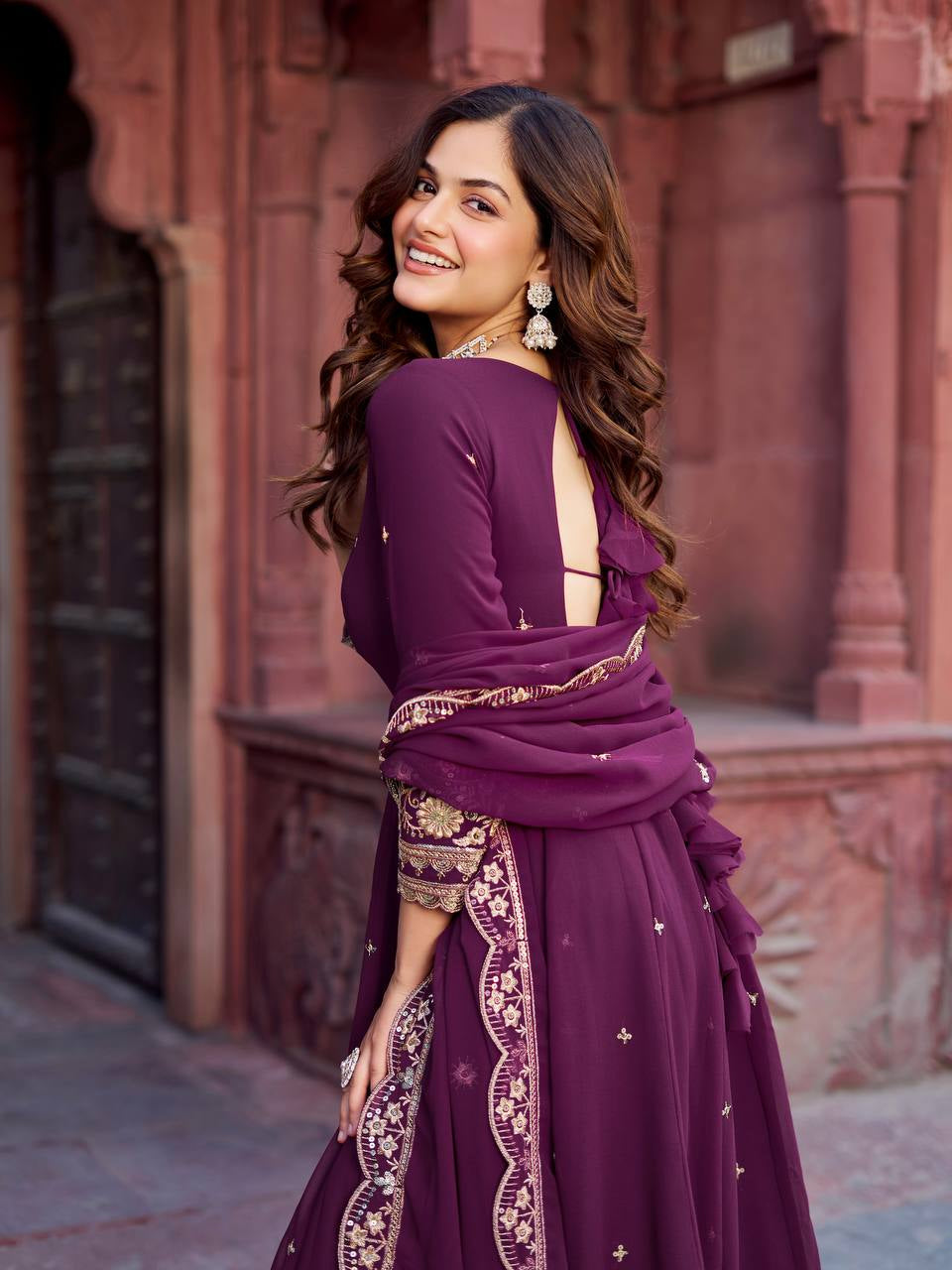 Womenline Elegant Wine Purple Anarkali Gown Set with Heavy Golden Embroidery & Dupatta