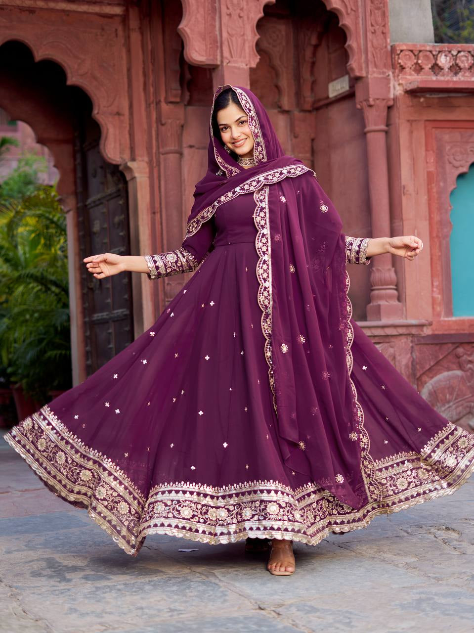 Womenline Elegant Wine Purple Anarkali Gown Set with Heavy Golden Embroidery & Dupatta
