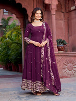 Womenline Elegant Wine Purple Anarkali Gown Set with Heavy Golden Embroidery & Dupatta
