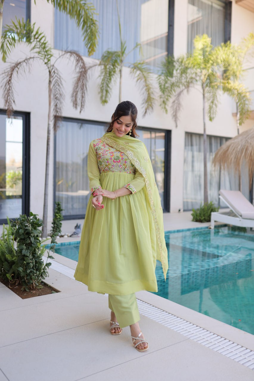 Womenline Pastel Green Embroidered Anarkali Suit Set with Dupatta