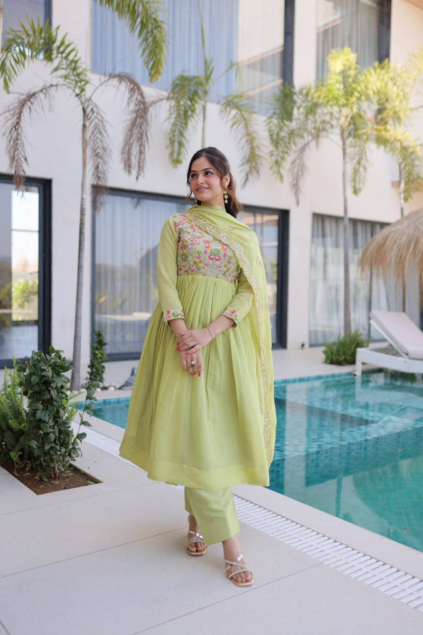 Womenline Pastel Green Embroidered Anarkali Suit Set with Dupatta