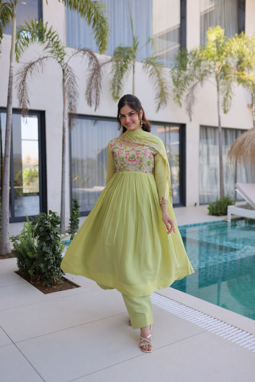 Womenline Pastel Green Embroidered Anarkali Suit Set with Dupatta