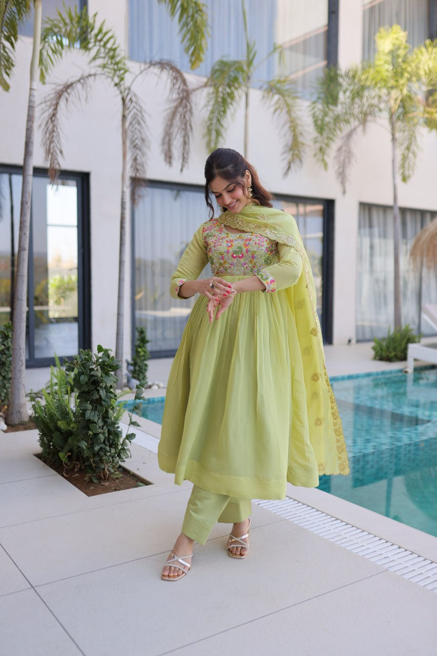 Womenline Pastel Green Embroidered Anarkali Suit Set with Dupatta
