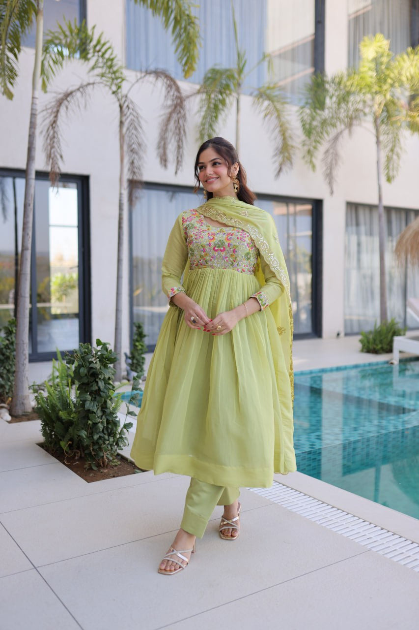 Womenline Pastel Green Embroidered Anarkali Suit Set with Dupatta