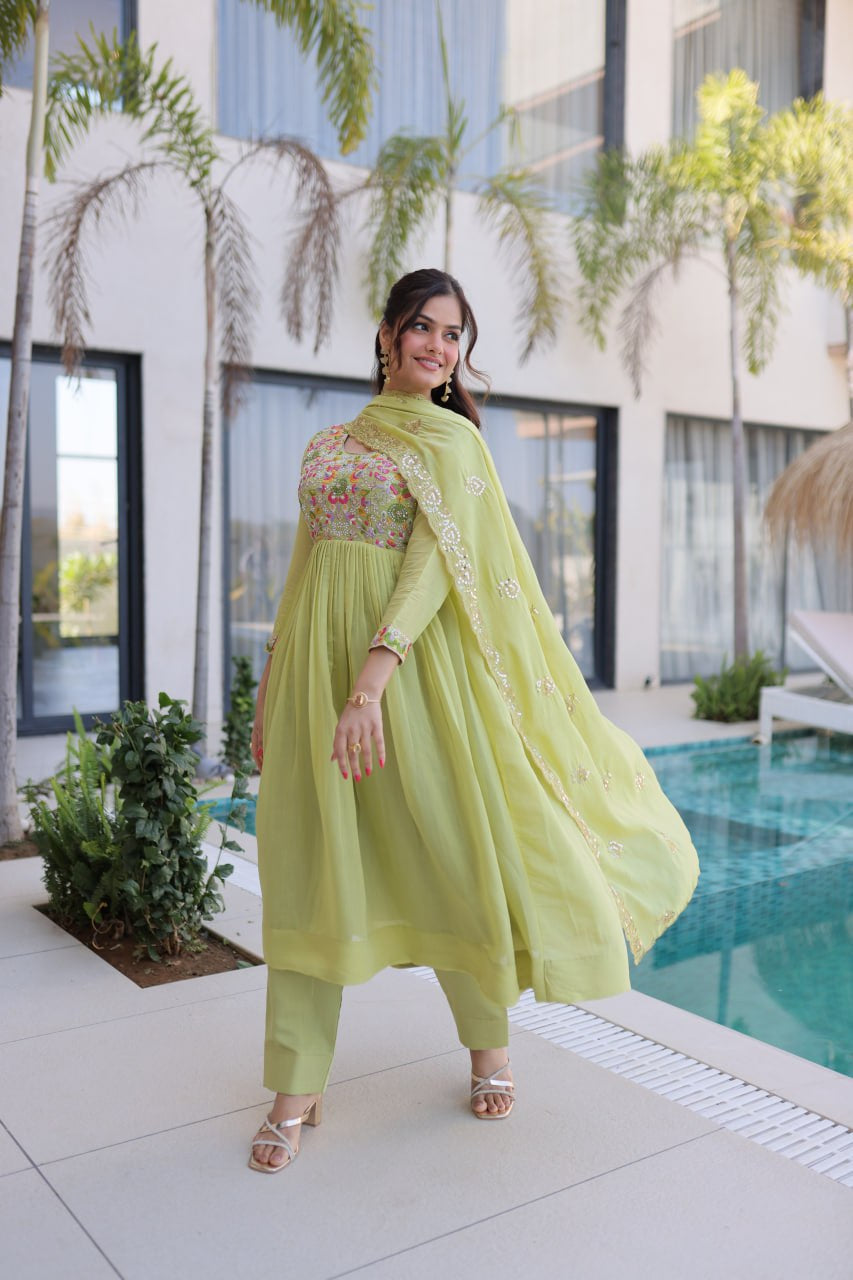 Womenline Pastel Green Embroidered Anarkali Suit Set with Dupatta