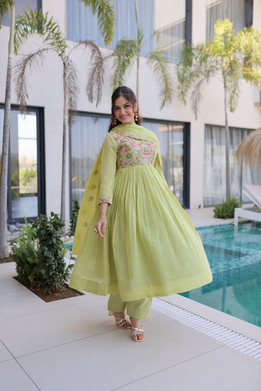 Womenline Pastel Green Embroidered Anarkali Suit Set with Dupatta