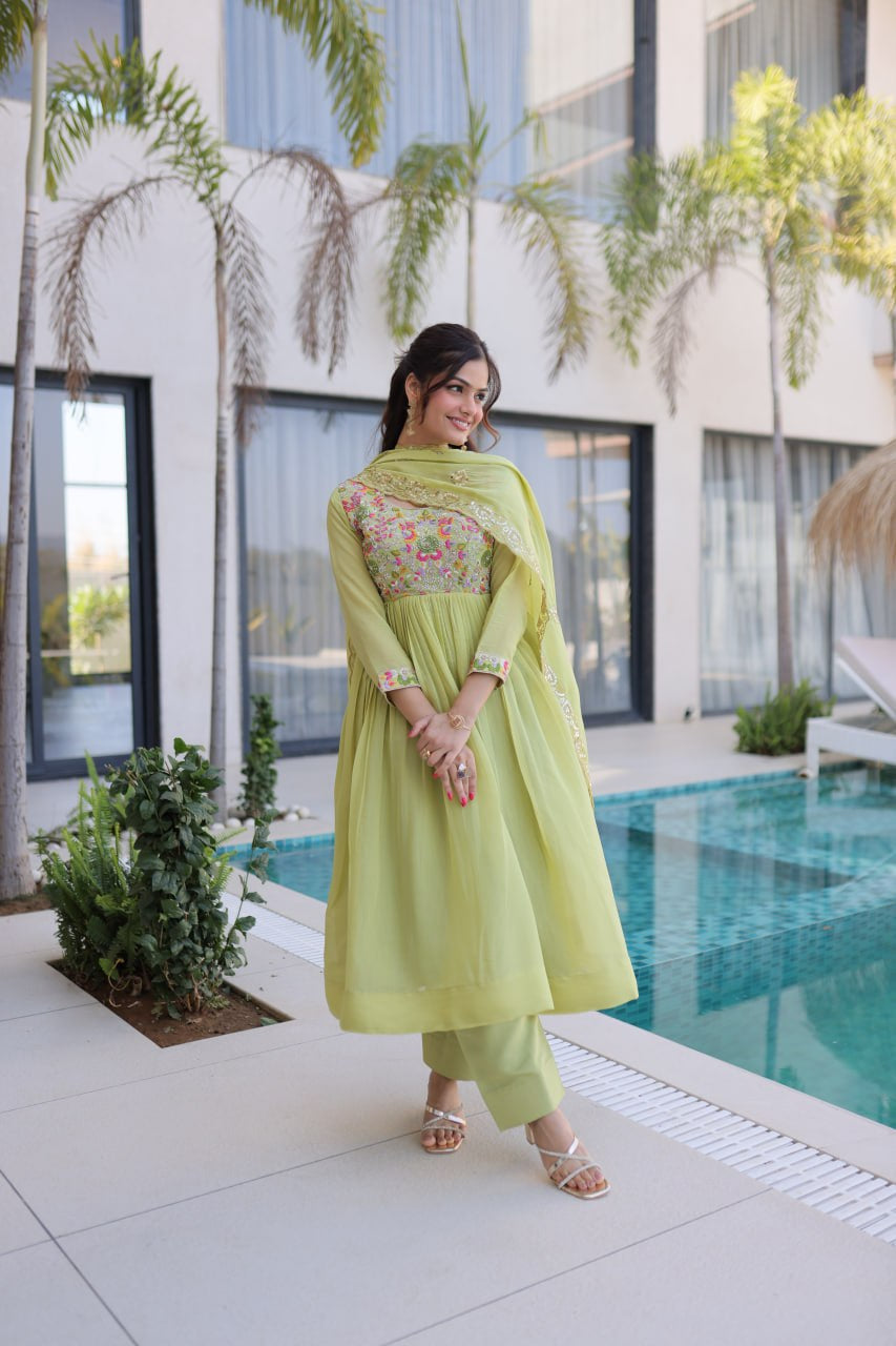 Womenline Pastel Green Embroidered Anarkali Suit Set with Dupatta