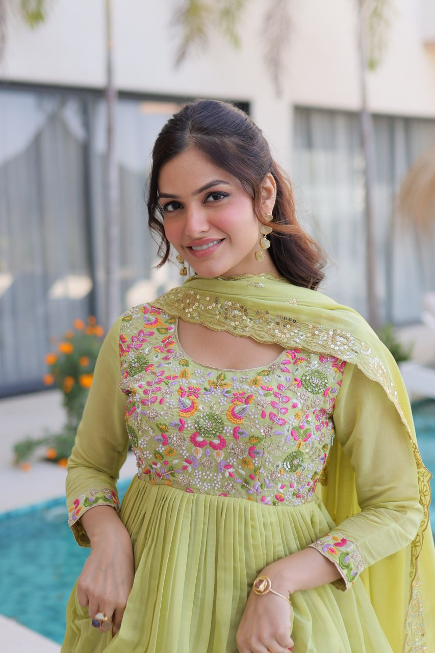 Womenline Pastel Green Embroidered Anarkali Suit Set with Dupatta