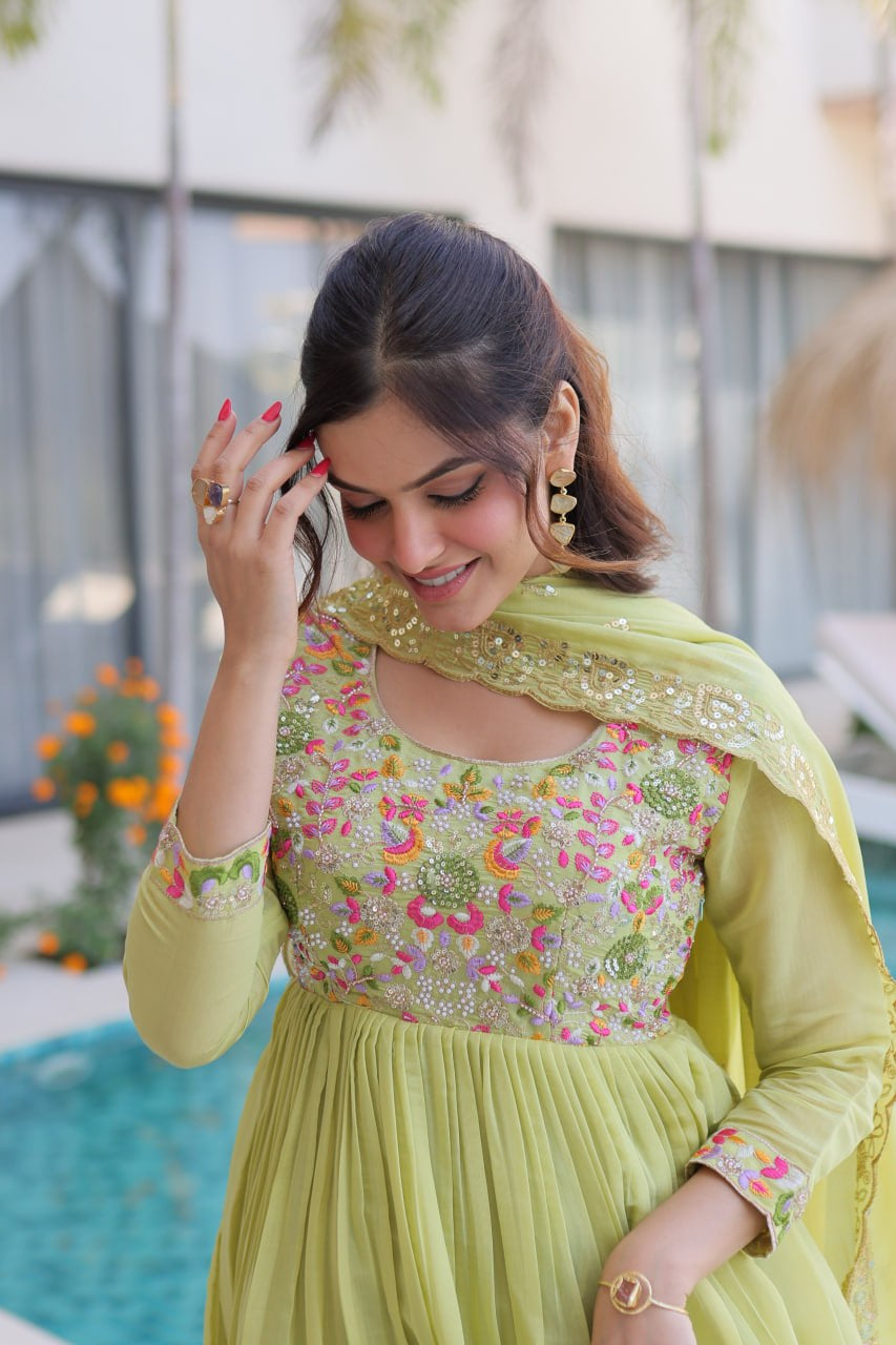 Womenline Pastel Green Embroidered Anarkali Suit Set with Dupatta