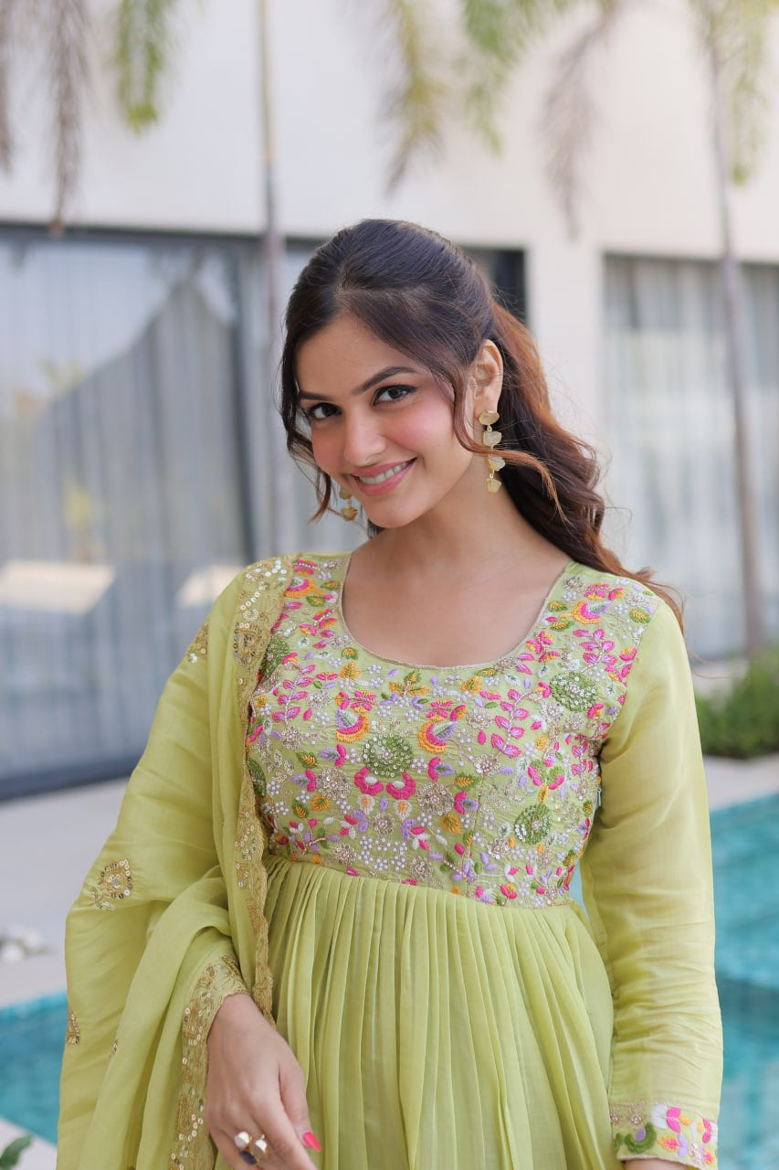 Womenline Pastel Green Embroidered Anarkali Suit Set with Dupatta