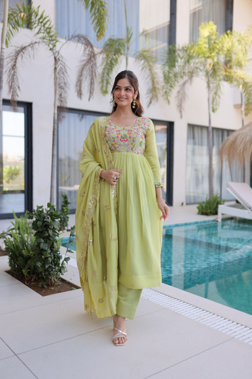 Womenline Pastel Green Embroidered Anarkali Suit Set with Dupatta