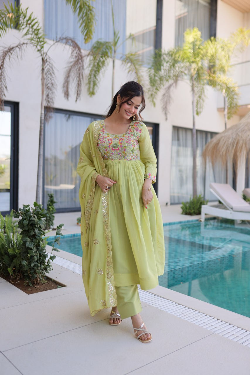 Womenline Pastel Green Embroidered Anarkali Suit Set with Dupatta