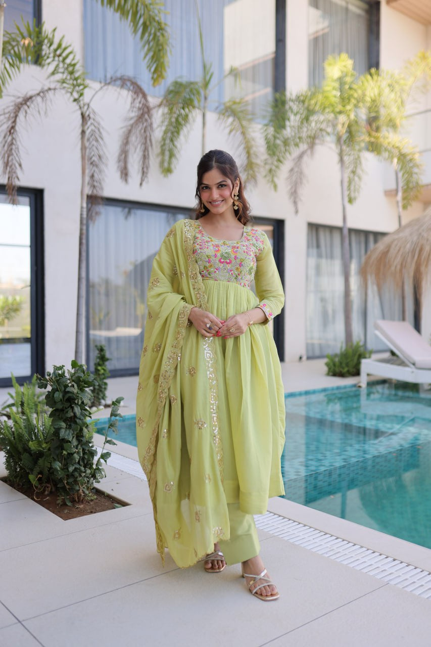 Womenline Pastel Green Embroidered Anarkali Suit Set with Dupatta