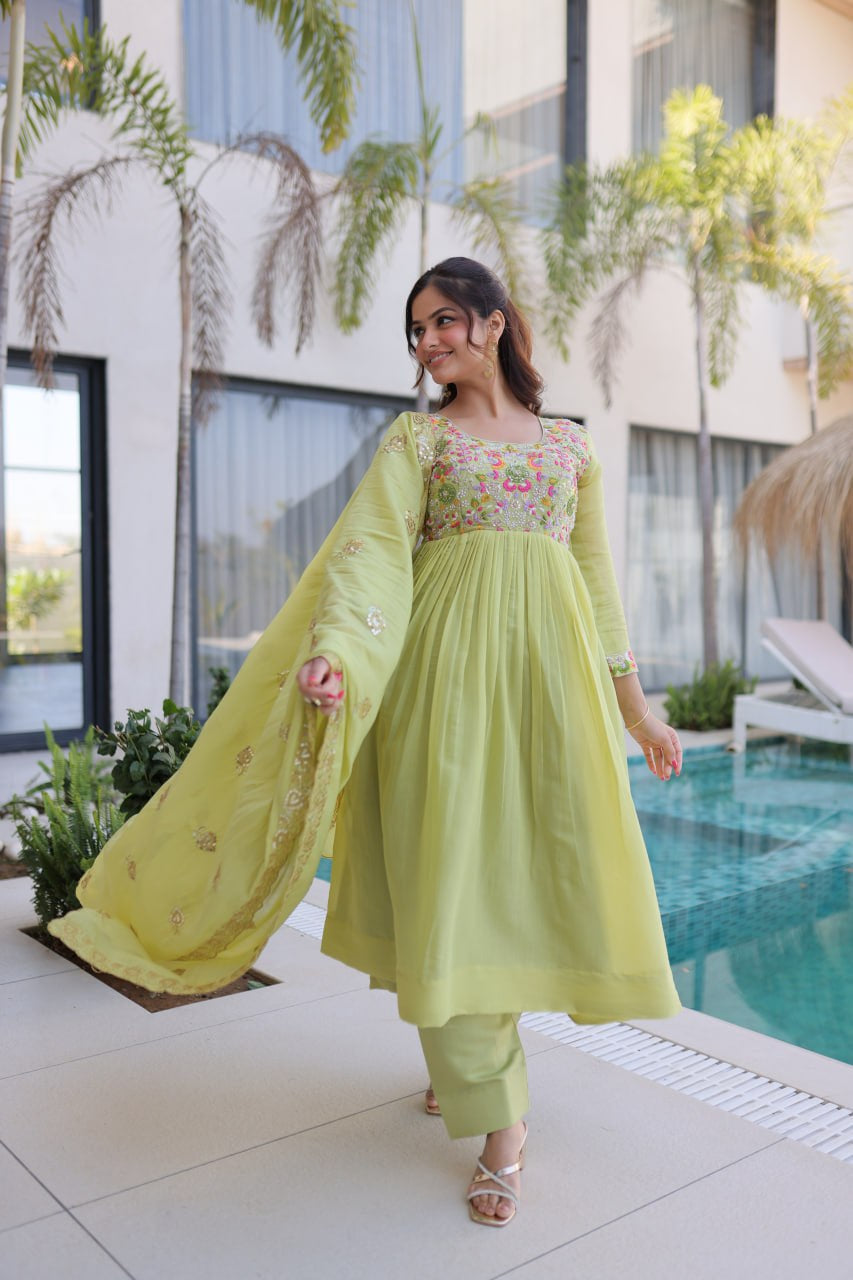 Womenline Pastel Green Embroidered Anarkali Suit Set with Dupatta