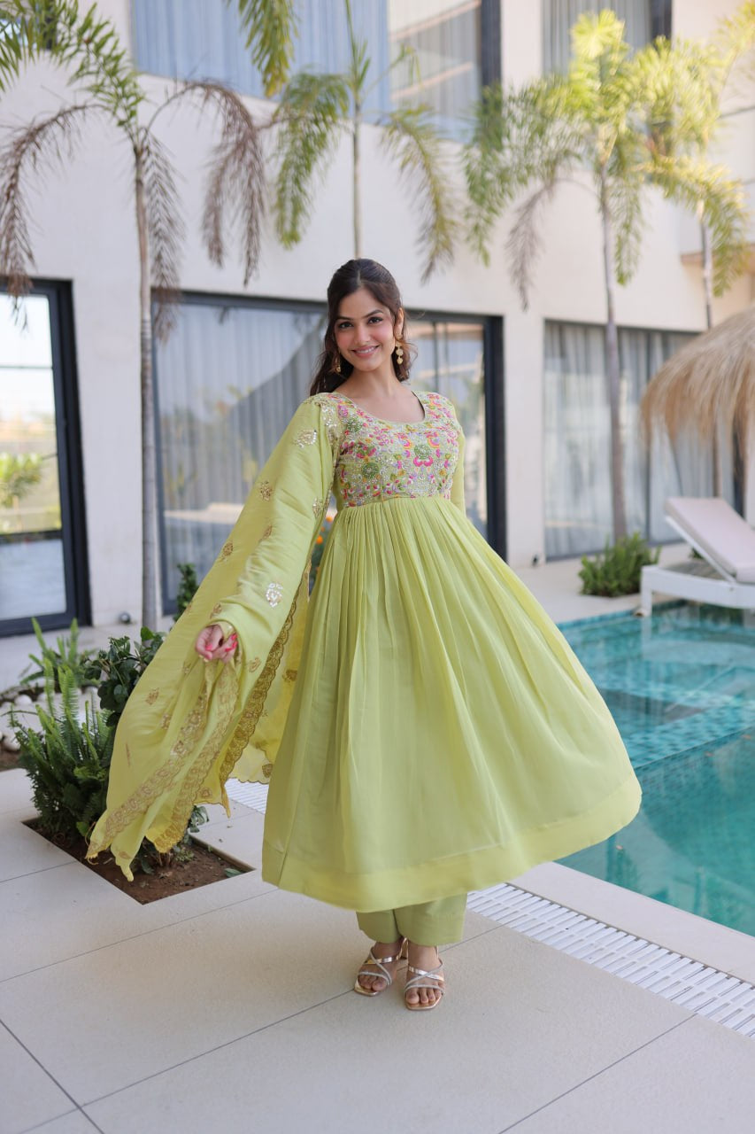 Womenline Pastel Green Embroidered Anarkali Suit Set with Dupatta