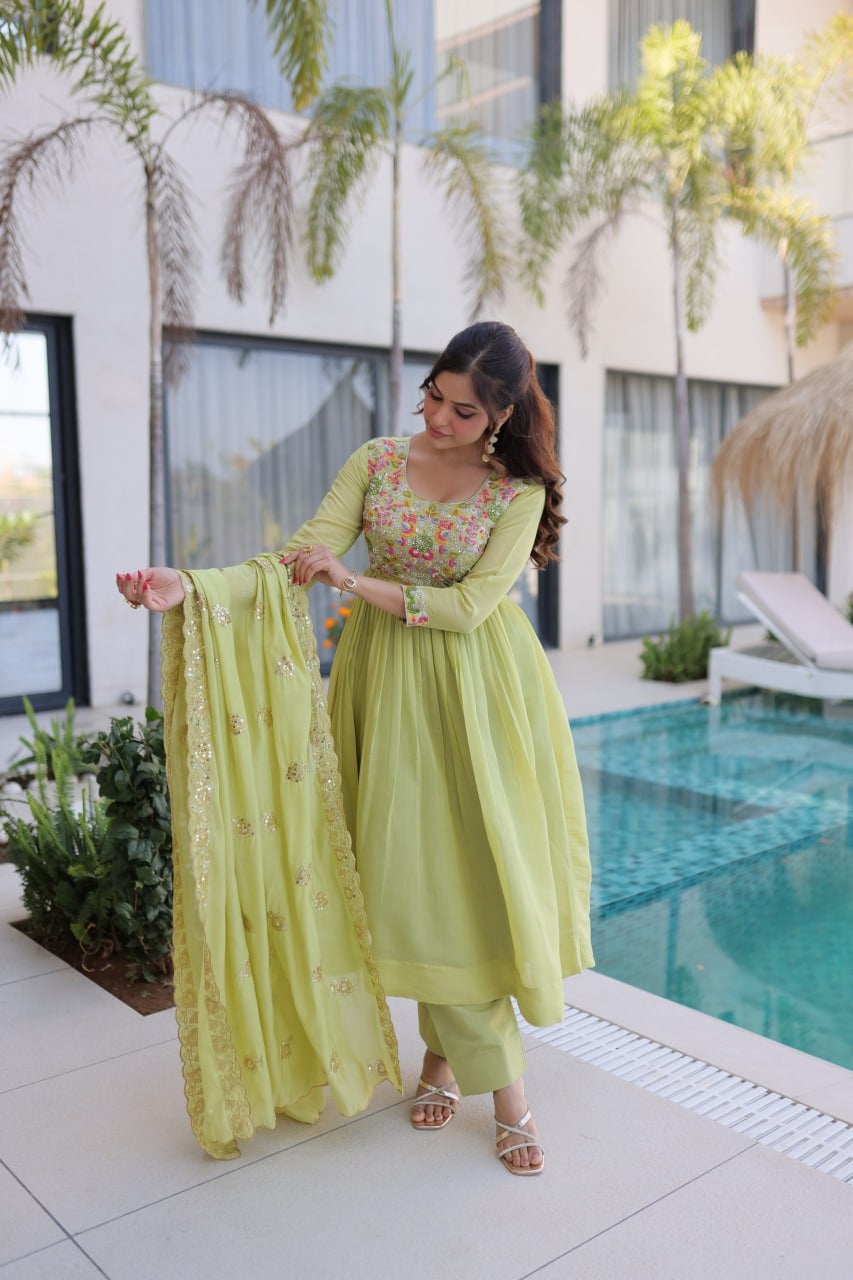 Womenline Pastel Green Embroidered Anarkali Suit Set with Dupatta