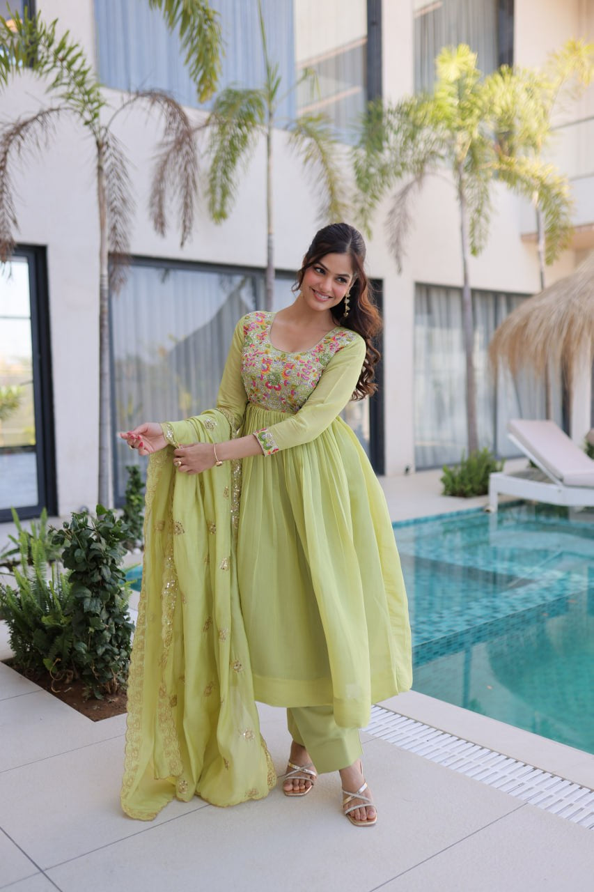 Womenline Pastel Green Embroidered Anarkali Suit Set with Dupatta
