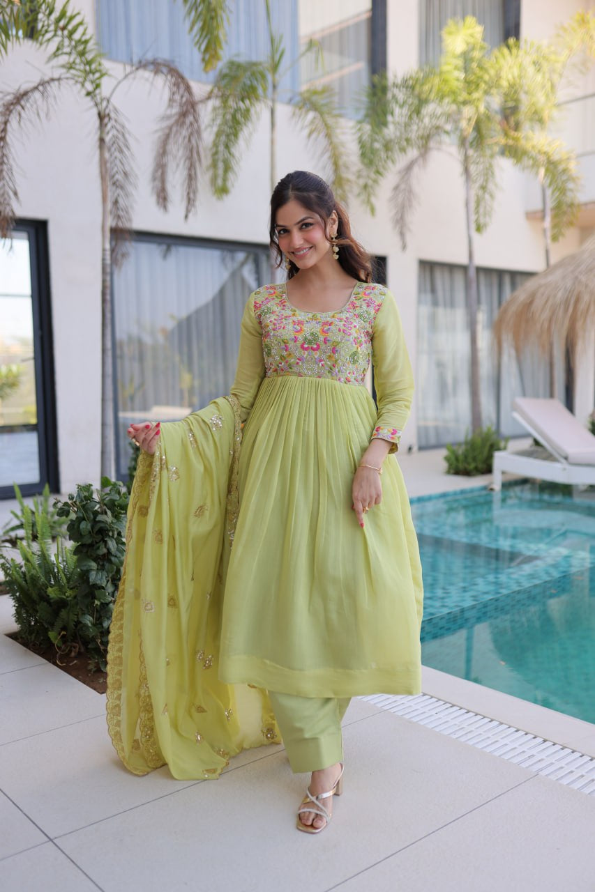 Womenline Pastel Green Embroidered Anarkali Suit Set with Dupatta