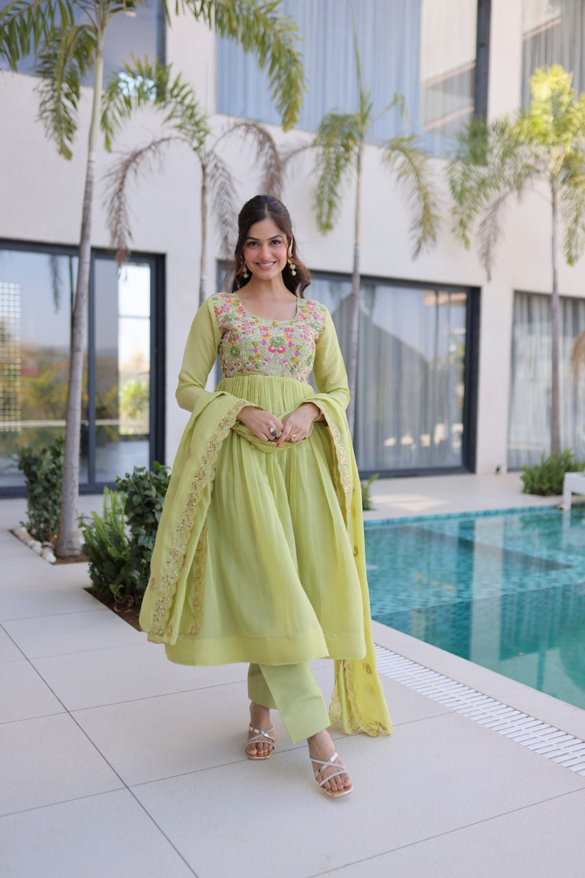 Womenline Pastel Green Embroidered Anarkali Suit Set with Dupatta
