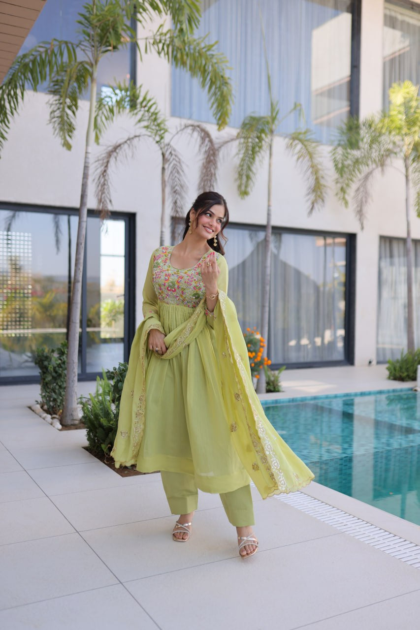 Womenline Pastel Green Embroidered Anarkali Suit Set with Dupatta