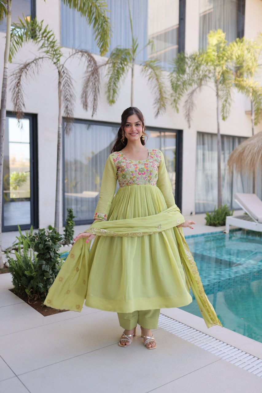 Womenline Pastel Green Embroidered Anarkali Suit Set with Dupatta