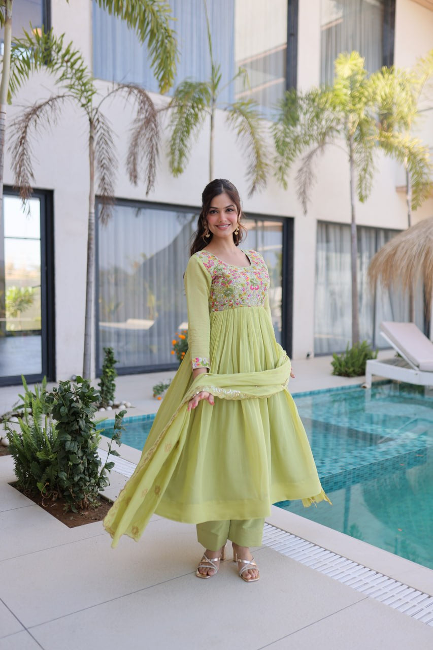 Womenline Pastel Green Embroidered Anarkali Suit Set with Dupatta
