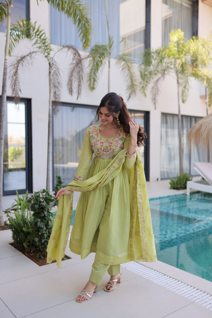 Womenline Pastel Green Embroidered Anarkali Suit Set with Dupatta