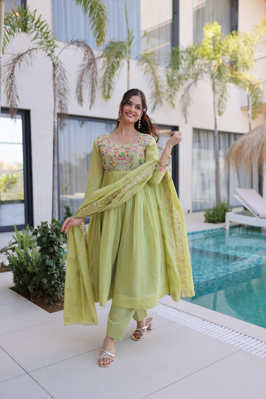 Womenline Pastel Green Embroidered Anarkali Suit Set with Dupatta