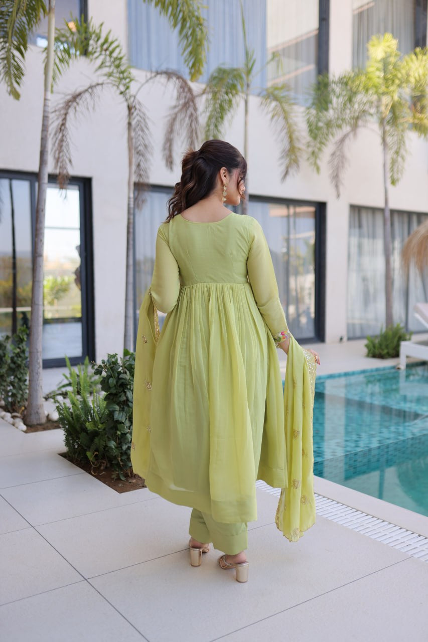 Womenline Pastel Green Embroidered Anarkali Suit Set with Dupatta