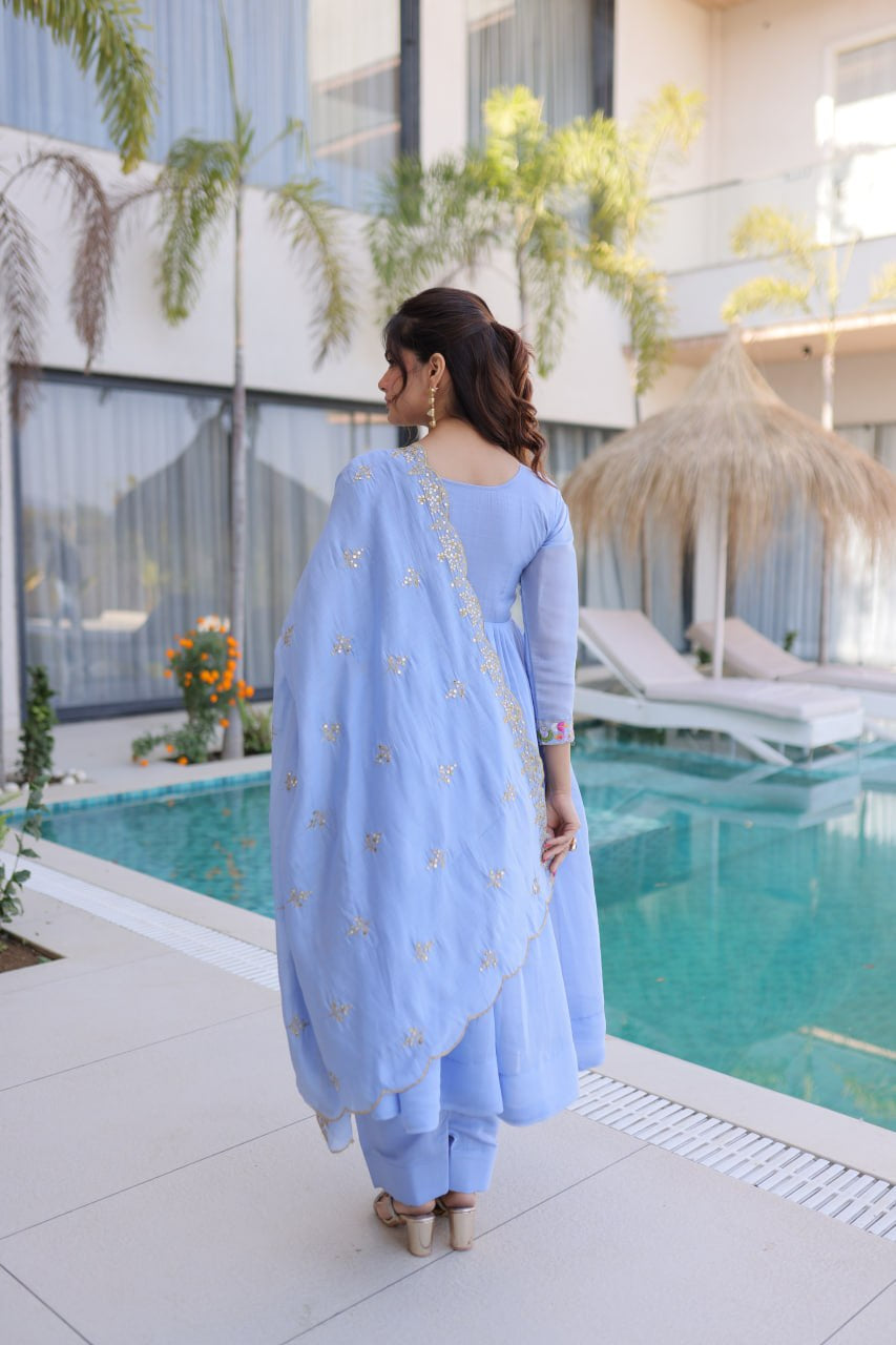 Womenline Powder Blue Embroidered Anarkali Suit Set with Dupatta