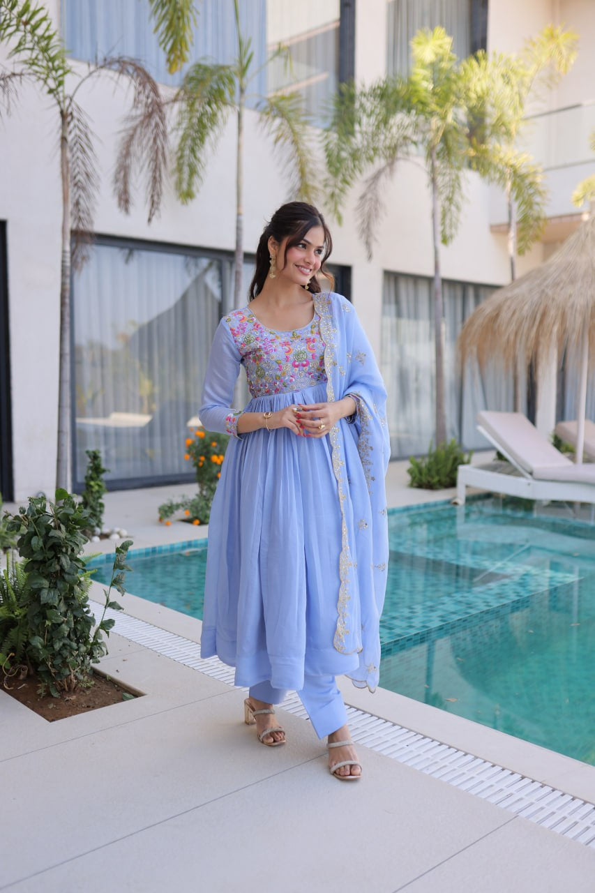 Womenline Powder Blue Embroidered Anarkali Suit Set with Dupatta