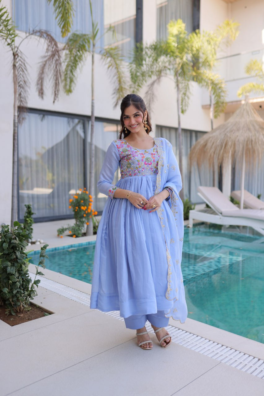 Womenline Powder Blue Embroidered Anarkali Suit Set with Dupatta