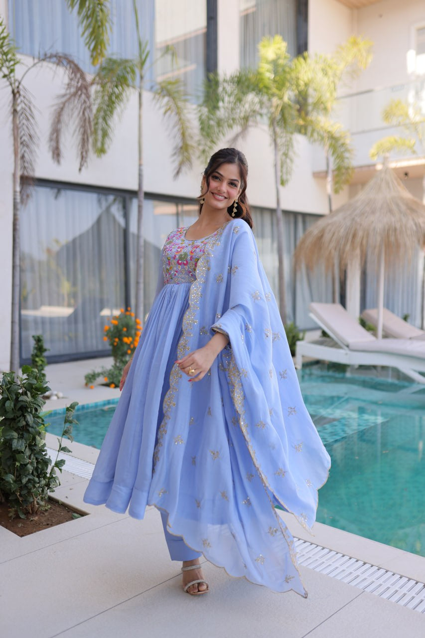 Womenline Powder Blue Embroidered Anarkali Suit Set with Dupatta
