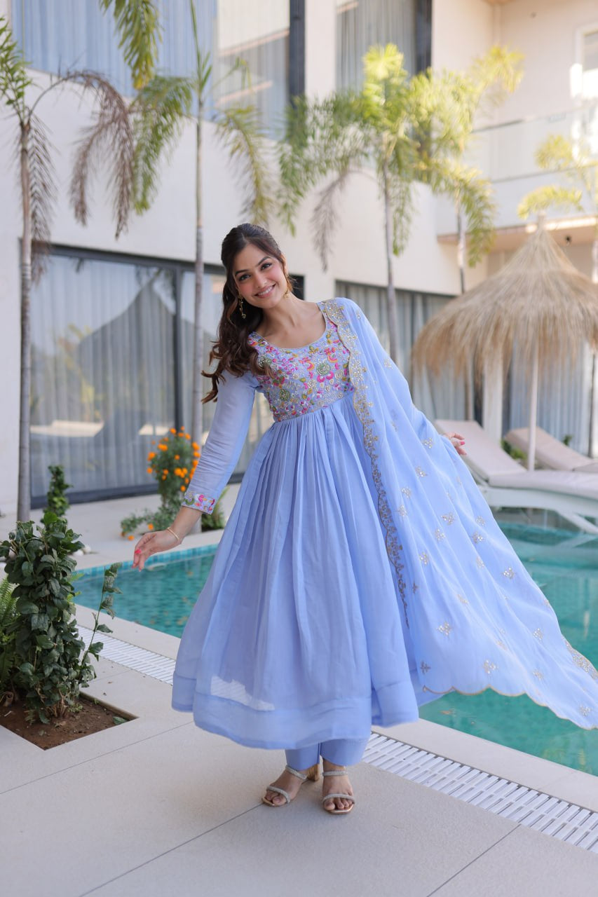 Womenline Powder Blue Embroidered Anarkali Suit Set with Dupatta