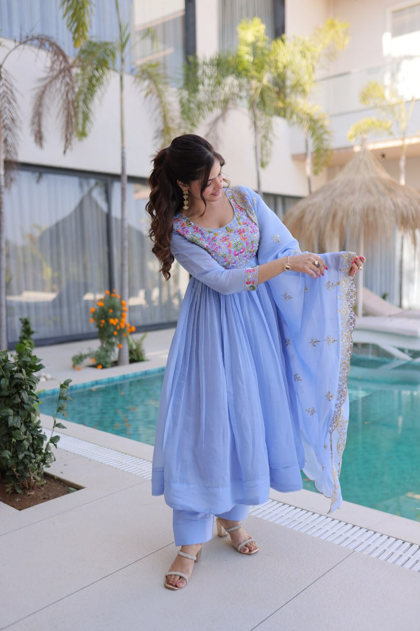 Womenline Powder Blue Embroidered Anarkali Suit Set with Dupatta