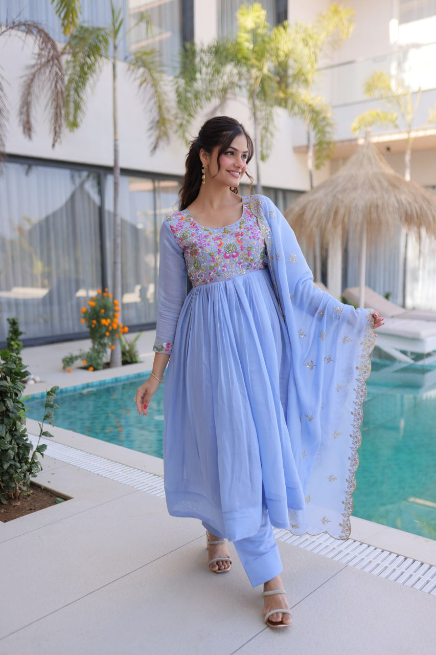Womenline Powder Blue Embroidered Anarkali Suit Set with Dupatta