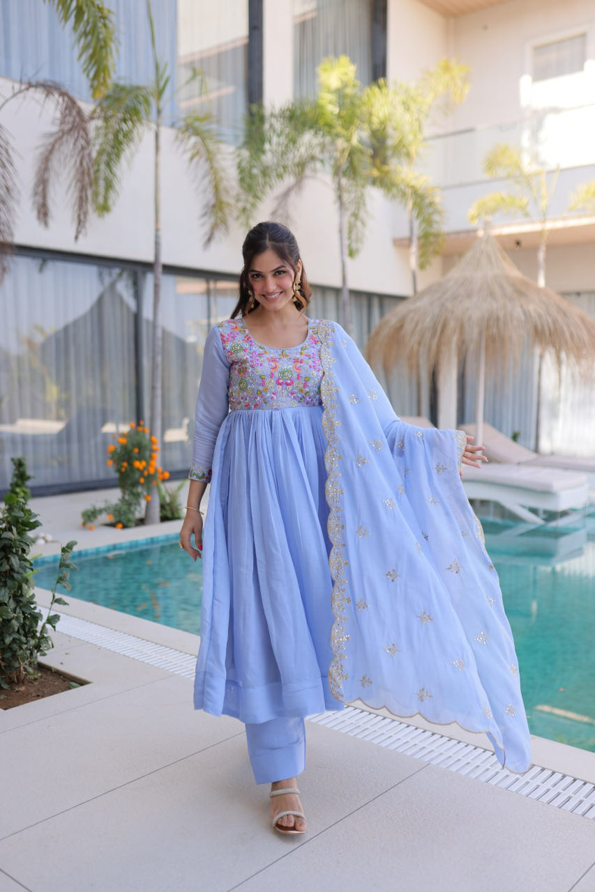 Womenline Powder Blue Embroidered Anarkali Suit Set with Dupatta
