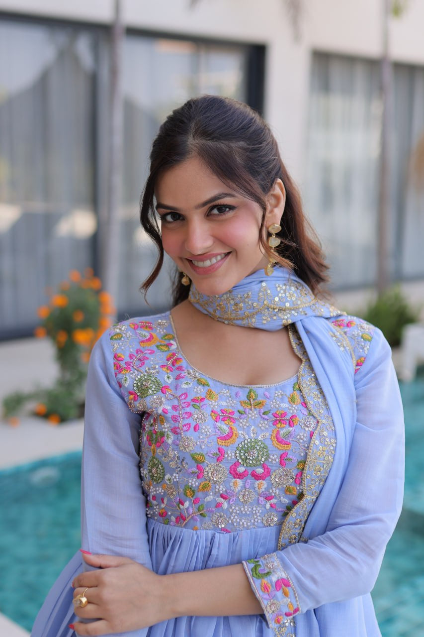 Womenline Powder Blue Embroidered Anarkali Suit Set with Dupatta