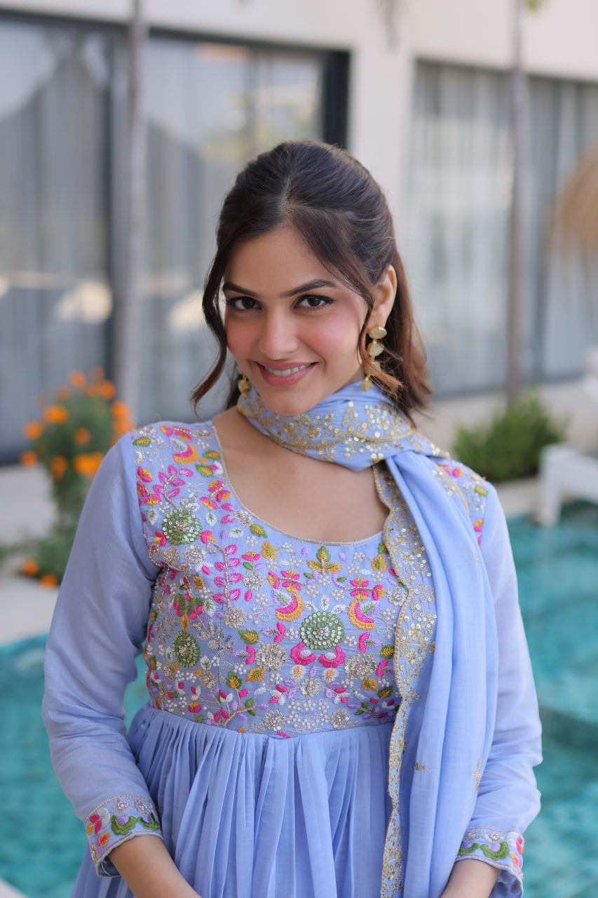 Womenline Powder Blue Embroidered Anarkali Suit Set with Dupatta
