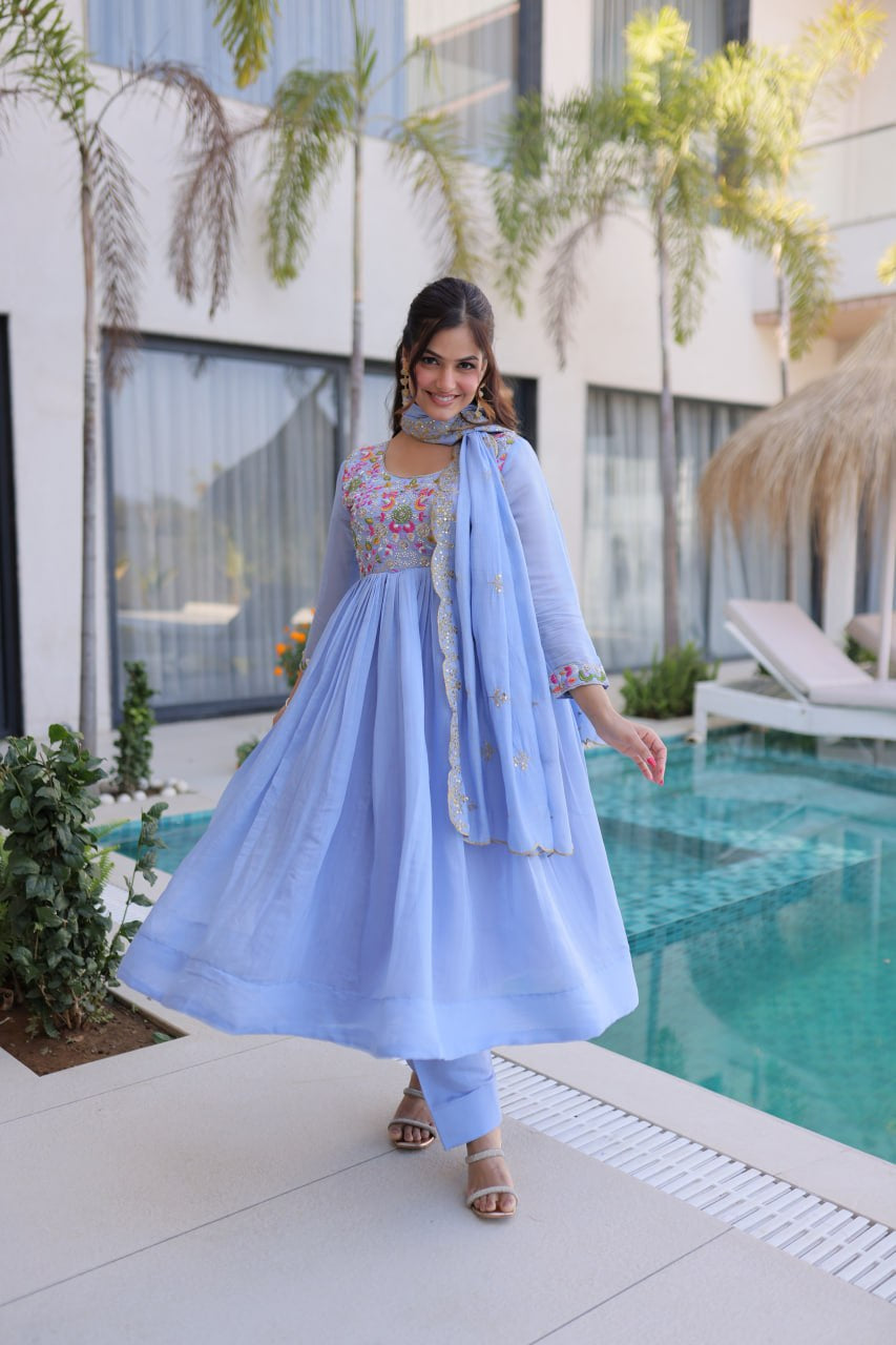 Womenline Powder Blue Embroidered Anarkali Suit Set with Dupatta