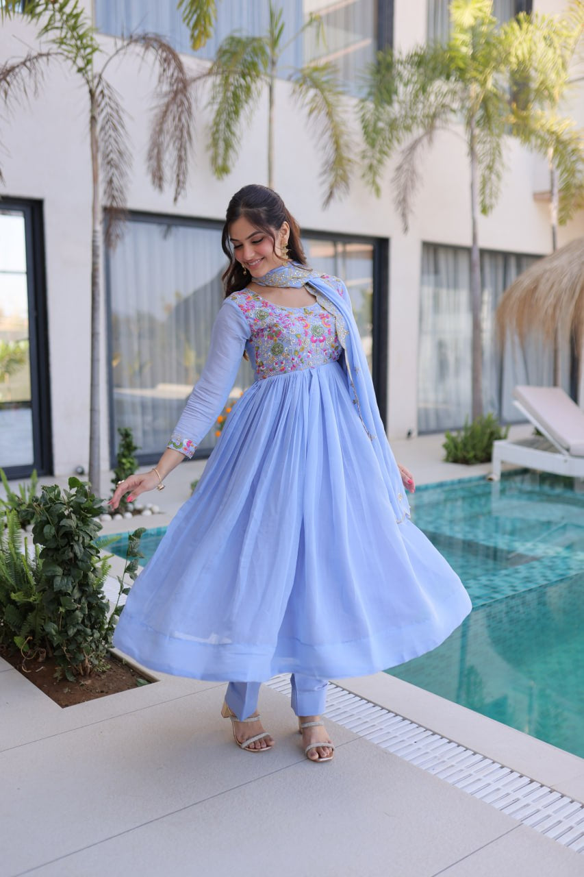 Womenline Powder Blue Embroidered Anarkali Suit Set with Dupatta